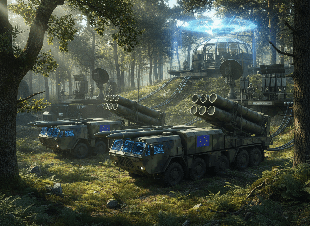 Military missile launchers with EU flags stationed in a dense forest near a command center.