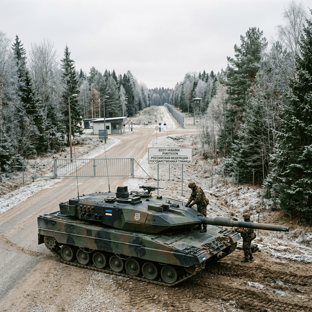Estonian military tank and soldiers at border checkpoint between Estonia and Russia