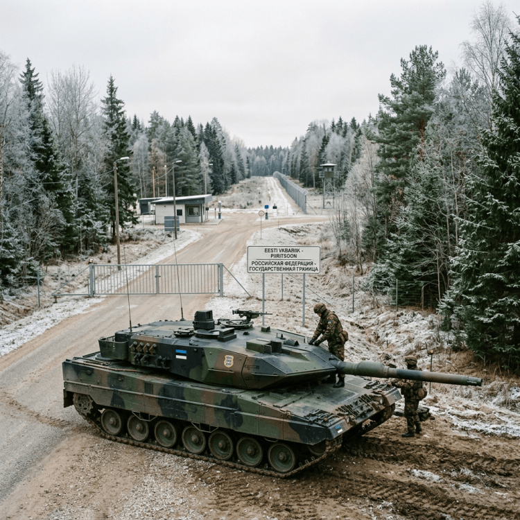 Estonian military tank and soldiers at border checkpoint between Estonia and Russia